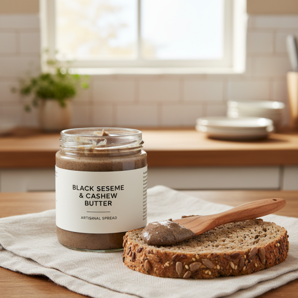 A jar labeled “Black Sesame & Cashew” rests on a cloth as a wooden knife spreads the butter over multigrain bread in a kitchen setting.