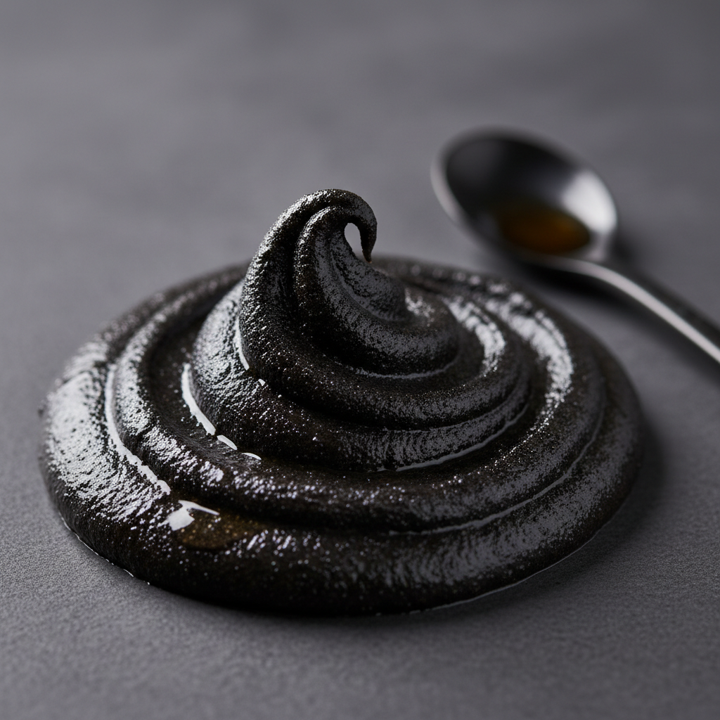A swirl of thick, glossy Black Sesame & Cashew paste on a gray surface, with a black spoon placed nearby.