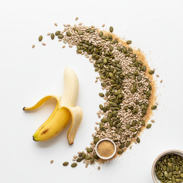 A peeled banana beside scattered pumpkin seeds, sunflower seeds, and flaxseeds on a white surface, with two small wooden bowls holding seeds.