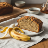 Sliced banana bread with seed topping on a plate, next to a partially peeled banana, on a linen cloth. Wooden board, bowls, and a jar of honey are in the background.