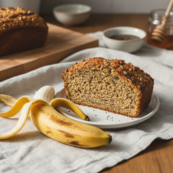 Sliced banana bread with seed topping on a plate, next to a partially peeled banana, on a linen cloth. Wooden board, bowls, and a jar of honey are in the background.