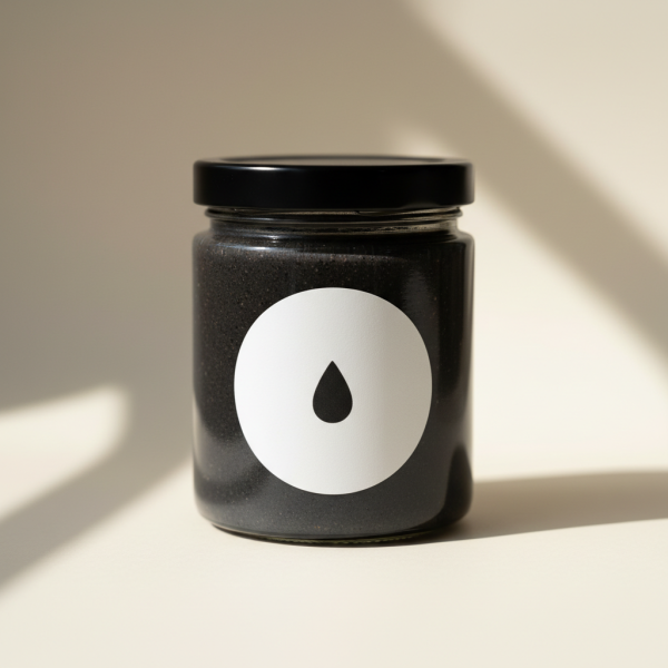A glass jar containing Black Sesame & Cashew, filled with a dark granular blend and sealed with a black lid, is labeled with a white circle bearing a single black droplet symbol.