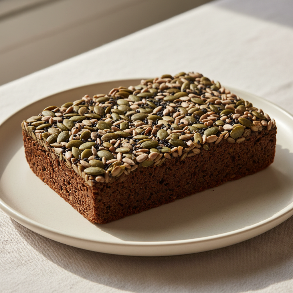 A rectangular loaf of Signature Bread topped with mixed seeds sits on a round white plate on a light tablecloth.