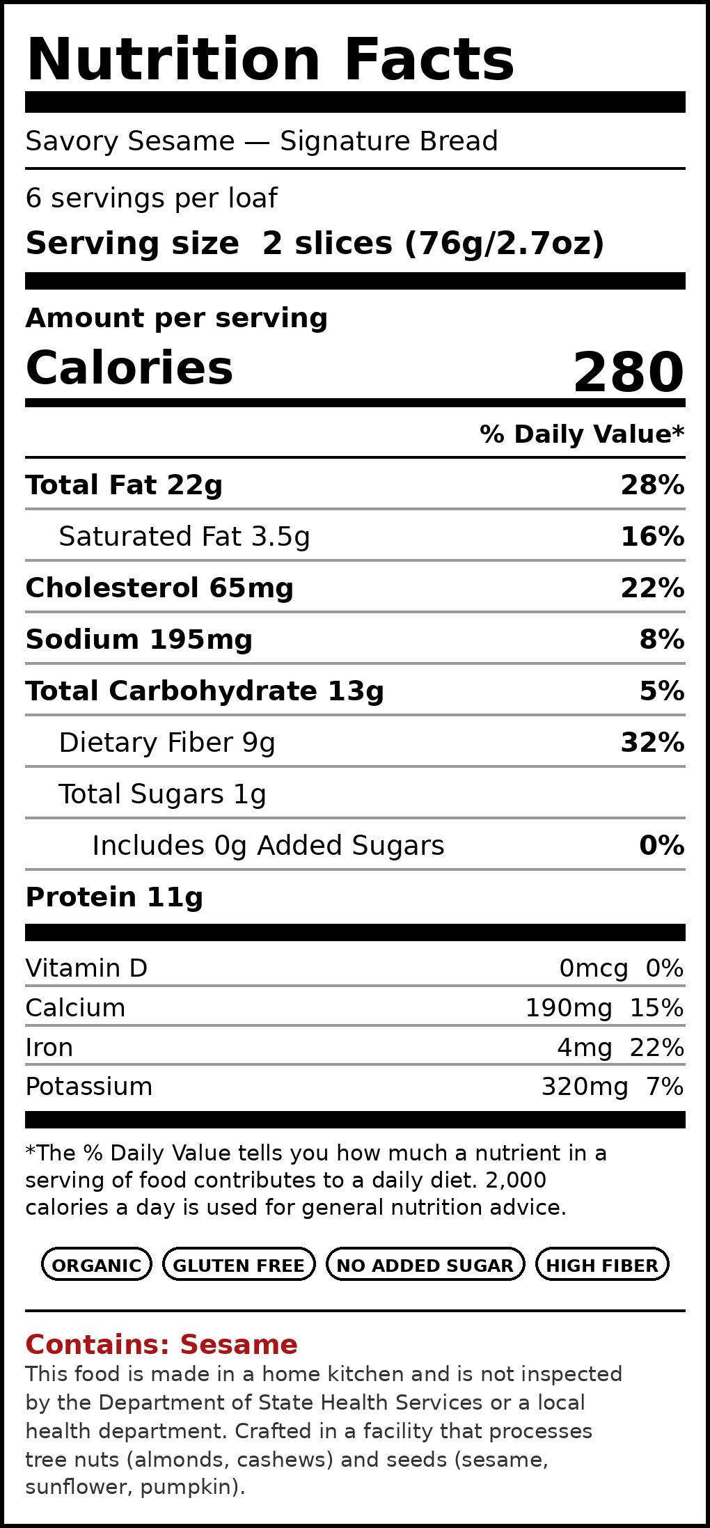 Nutrition label for Signature Bread, listing calories, fat, cholesterol, sodium, carbohydrates, protein, vitamins, and allergy information per two-slice serving.